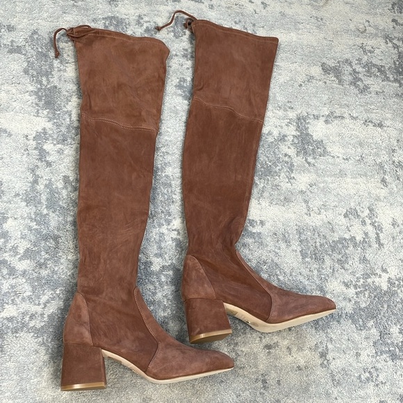 SOLD - New Stuart Weitzman Flareland Suede Over The Knee Boots Tan Sz 8 - Picture 7 of 14